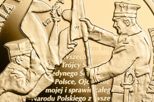 Detal złotej monety – 100. rocznica wybuchu Powstania Wielkopolskiego