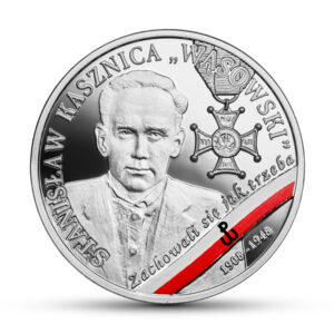 Srebrna moneta okolicznościowa; rewers – Wyklęci przez komunistów żołnierze niezłomni - Stanisław Kasznica „Wąsowski”