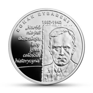 Srebrna moneta okolicznościowa; rewers – Wielcy polscy ekonomiści – Roman Rybarski