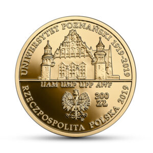 Złota moneta kolekcjonerska; awers – 100-lecie utworzenia Uniwersytetu Poznańskiego