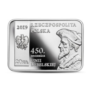 Srebrna moneta okolicznościowa; awers – 450. rocznica unii lubelskiej