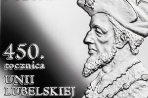 Detal srebrnej monety okolicznościowej – 450. rocznica unii lubelskiej