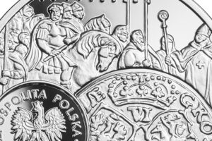 Detal srebrnej monety okolicznościowej – Historia Monety Polskiej – szóstak Jana Sobieskiego