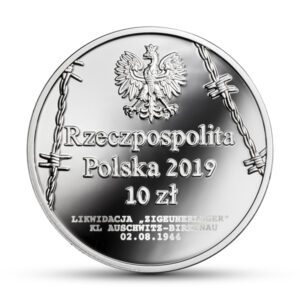 Srebrna moneta okolicznościowa; awers – 75. rocznica zagłady Romów i Sinti