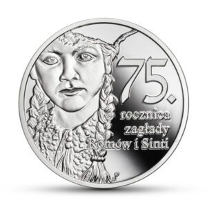 Srebrna moneta okolicznościowa; rewers – 75. rocznica zagłady Romów i Sinti