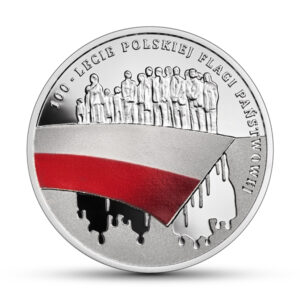Srebrna moneta okolicznościowa; rewers – 100-lecie polskiej flagi państwowej