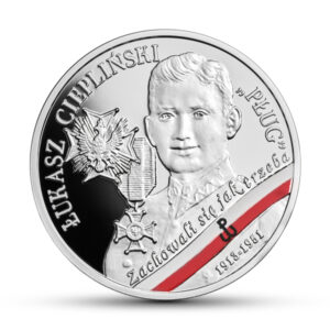 Srebrna moneta okolicznościowa; rewers – Wyklęci przez komunistów żołnierze niezłomni – Łukasz Ciepliński „Pług”