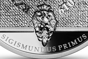 Detal srebrnej monety okolicznościowej – Hołd pruski Hołd ruski