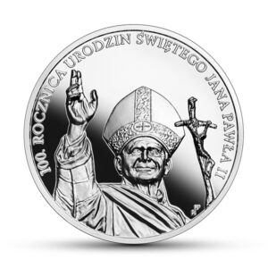 Srebrna moneta okolicznościowa; rewers – 100. rocznica urodzin Świętego Jana Pawła II