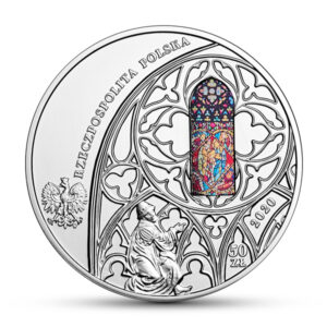 Srebrna moneta okolicznościowa; awers – 700-lecie konsekracji kościoła Mariackiego w Krakowie