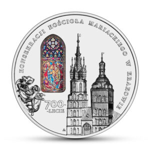 Srebrna moneta okolicznościowa; rewers – 700-lecie konsekracji kościoła Mariackiego w Krakowie
