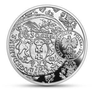 Srebrna moneta okolicznościowa; awers – Historia Monety Polskiej – złotówka gdańska Augusta III