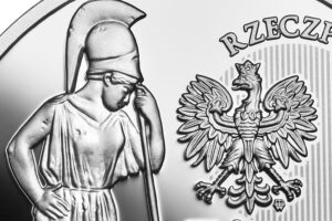Detal srebrnej monety okolicznościowej – Polskie Termopile – Węgrów