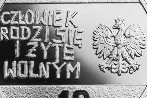 Detal srebrnej monety okolicznościowej – 40. rocznica powstania NSZZ „Solidarność”