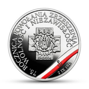 Srebrna moneta okolicznościowa; rewers – Wyklęci przez komunistów żołnierze niezłomni – 75. rocznica powołania Zrzeszenia „Wolność i Niezawisłość”