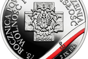 Detal srebrnej monety okolicznościowej – Wyklęci przez komunistów żołnierze niezłomni – 75. rocznica powołania Zrzeszenia „Wolność i Niezawisłość”