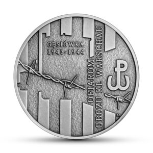 Srebrna moneta okolicznościowa; rewers - Ofiarom obozu KL Warschau