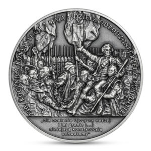 Srebrna moneta okolicznościowa; rewers – 230. rocznica Konstytucji 3 Maja – dzieła odrodzonej Rzeczypospolitej