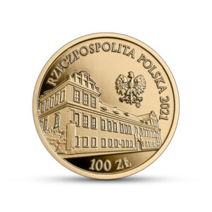 Złota moneta kolekcjonerska; awers – Pałac Biskupi w Krakowie