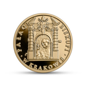 Złota moneta kolekcjonerska; rewers – Pałac Biskupi w Krakowie