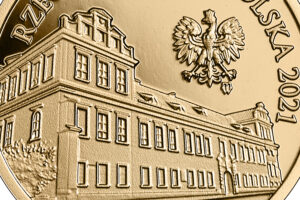 Złota moneta kolekcjonerska; detal – Pałac Biskupi w Krakowie