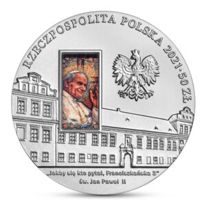 Srebrna moneta okolicznościowa; awers – Pałac Biskupi w Krakowie
