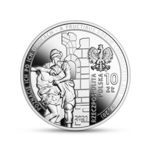Srebrna moneta okolicznościowa; awers – 30-lecie wznowienia działalności Caritas Polska