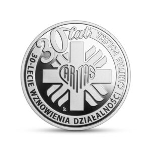 Srebrna moneta okolicznościowa; rewers – 30-lecie wznowienia działalności Caritas Polska