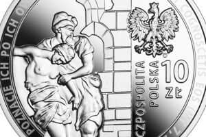 Detal srebrnej monety okolicznościowej – 30-lecie wznowienia działalności Caritas Polska