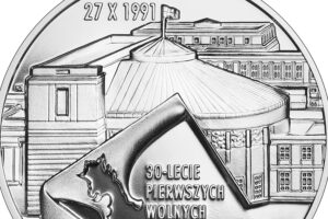 Detal srebrnej monety okolicznościowej – 30-lecie pierwszych wolnych wyborów parlamentarnych