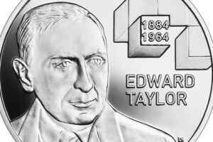 Detal srebrnej monety okolicznościowej – Wielcy polscy ekonomiści – Edward Taylor