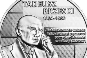 Detal srebrnej monety okolicznościowej – Wielcy polscy ekonomiści – Tadeusz Brzeski