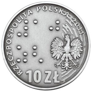 Srebrna moneta okolicznościowa; awers – Europa bez barier – 100-lecie Towarzystwa Opieki nad Ociemniałymi