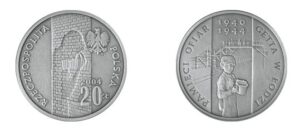 Srebrna moneta okolicznościowa; awers; rewers – Pamięci Ofiar Getta w Łodzi