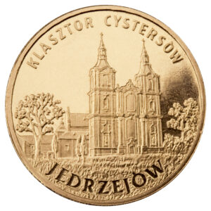 Moneta Nordic Gold; rewers – Miasta w Polsce: Jędrzejów – Klasztor Cystersów