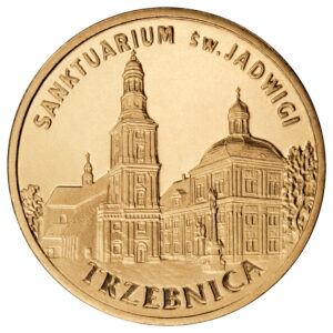 Moneta Nordic Gold; rewers – Miasta w Polsce: Trzebnica – Sanktuarium św. Jadwigi