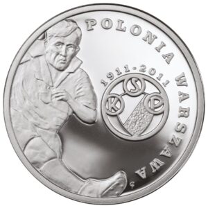 Srebrna moneta okolicznościowa; rewers – Polskie Kluby Piłkarskie – Polonia Warszawa